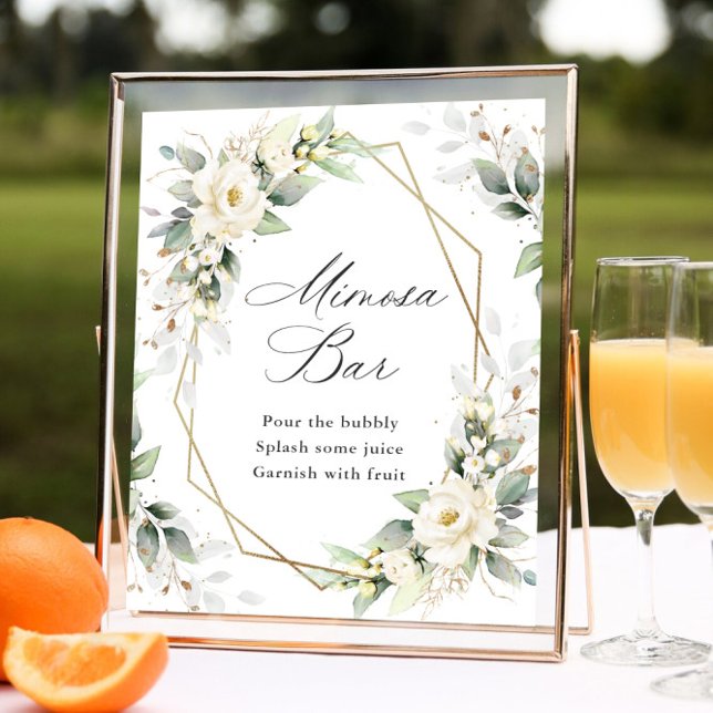 Elegante Pastel White Roses Eucalyptus Mimosa Bar Poster (Von Creator hochgeladen)