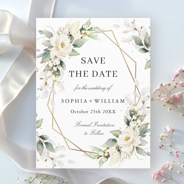 Elegante Pastel White Roses Wedding Save the Date Postkarte (Von Creator hochgeladen)