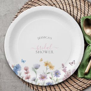 Elegante Pastel Wildblumen Grünes Brautparty Pappteller