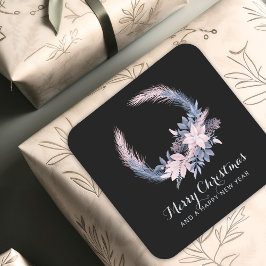 Elegante Pastel Wreath Weihnachten Botanisches Fol Quadratischer Aufkleber