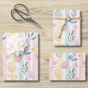 Elegante Pastell-Aquarell-Osterstreifen-Eier Geschenkpapier Set