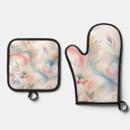 Elegante Pastell-Botanik-Aquarell Ofenhandschuh & Topflappen-Set