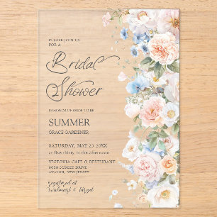 Elegante Pastell-Rosa-Weiß-Blau-Blumen-Brautparty Acryleinladungen