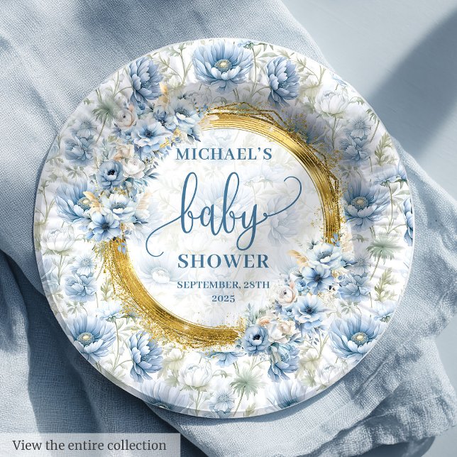 Elegante pastellblaue Blumen Goldjunge Dusche Pappteller (Elegant pastel blue flowers gold boy baby shower Paper Plates)