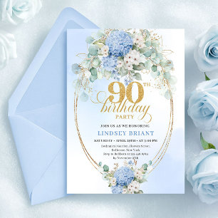 Elegante Pastellblaue Florale Einladung zum 90. Ge