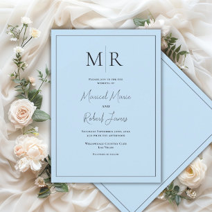 Elegante Pastellblaue Monogramm-Moderne Hochzeit Einladung