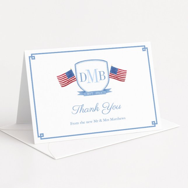 Elegante Patriotic Couples Monogram Wedding Dankeskarte (Patriotice three letter triple monogram crest wedding thank you card design with USA flags)