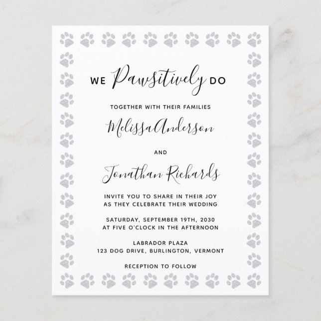 Elegante Paw Print Budget Hochzeit Einladung (Vorderseite)
