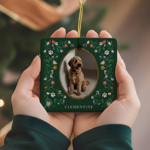 Elegante Paw Print & Floral Pet Fotos Weihnachten Keramikornament