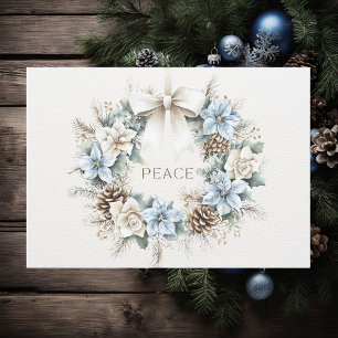 Elegante PEACE Blue Floral Pinecones Winter Kranz Feiertagskarte