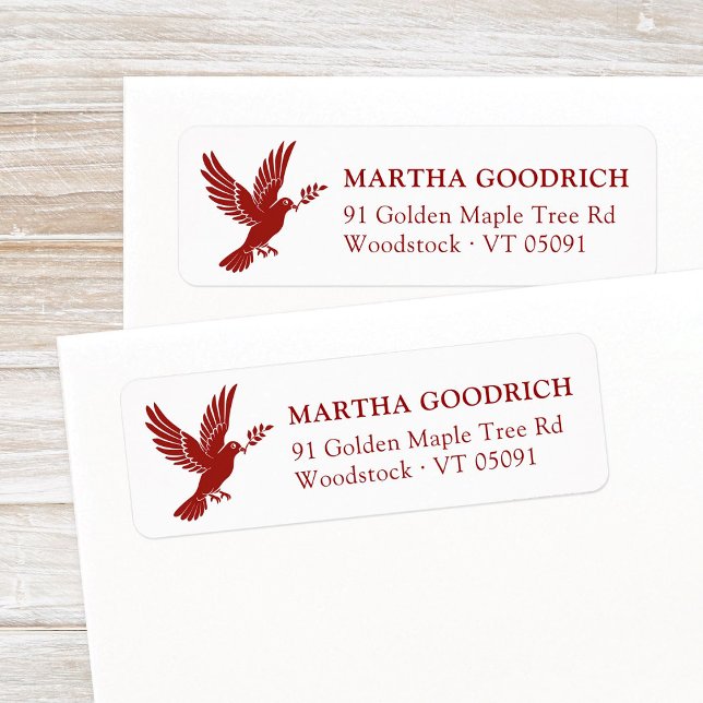 Elegante Peace Dove Red Christmas Rücksendeadresse (Stylish, elegant Peace Dove Christmas return address label template in burgundy red.)