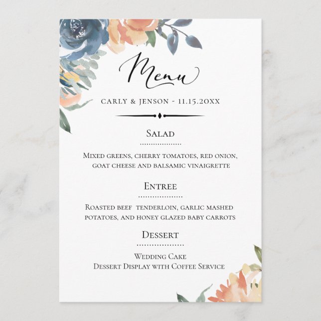 Elegante Peach and Blue Botanical Wedding Menükarte (Vorderseite)