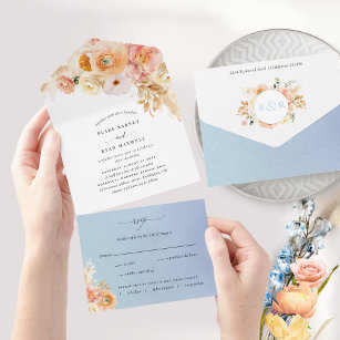 Elegante Peach and Blue Floral Wedding with UAWG A All In One Einladung