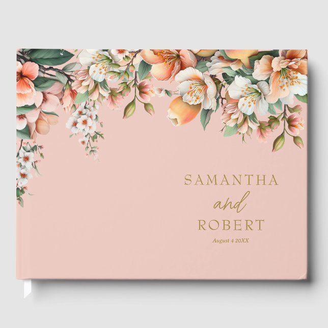 Elegante Peach and Gold Floral Wedding Gästebuch (Vorderseite)