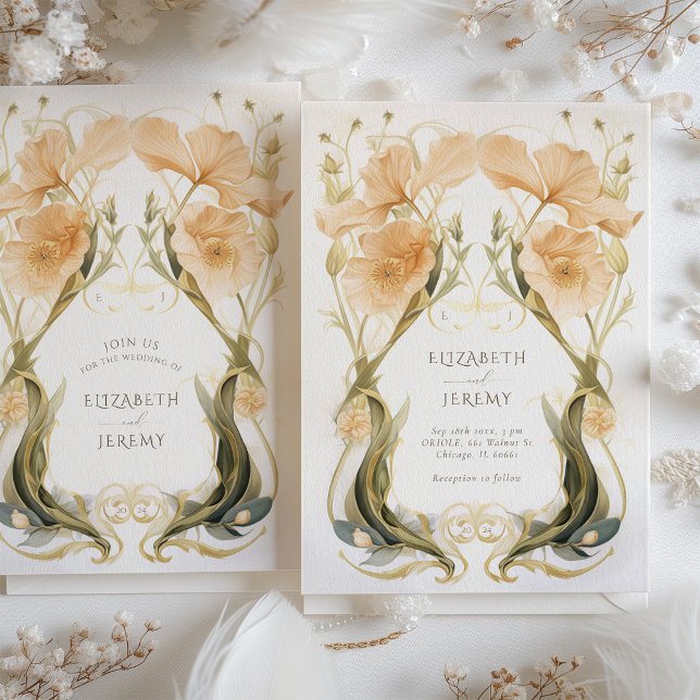 Elegante Peach Apricot Art Nouveau Hochzeit Einladung (Von Creator hochgeladen)