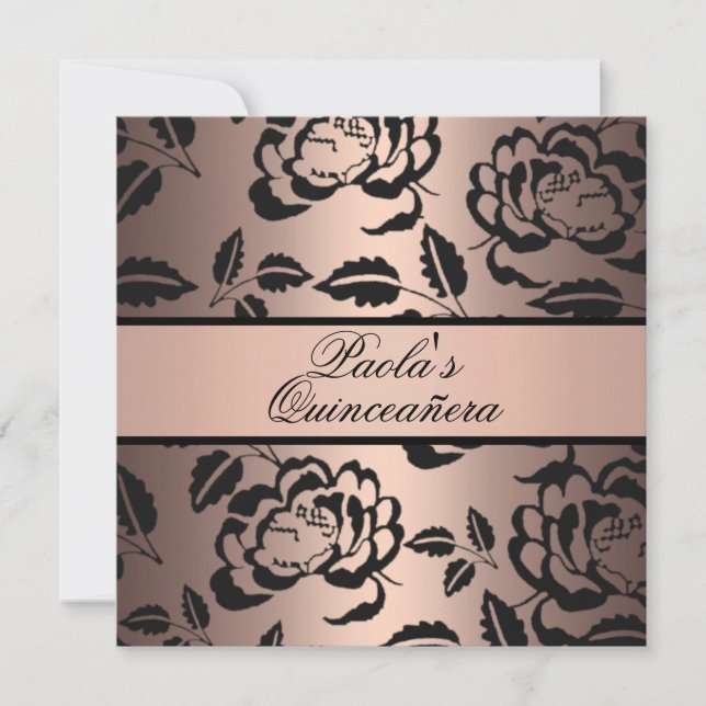 Elegante Peach & Black Rose Quinceañera Einladung (Vorderseite)