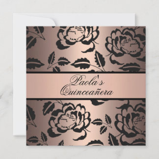 Elegante Peach & Black Rose Quinceañera Einladung