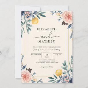 Elegante Peach Blue Botanical Floral Wedding Einladung