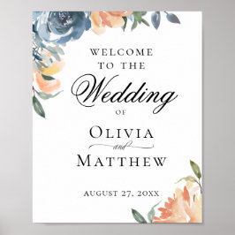 Elegante Peach Blue Botanical Wedding Willkommen Poster