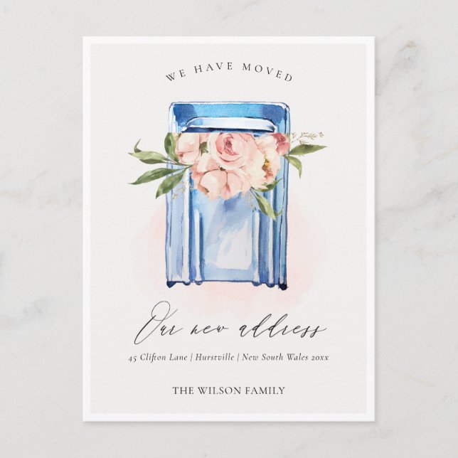 Elegante Peach Blue Floral Mailbox Wir haben beweg Postkarte (Vorderseite)