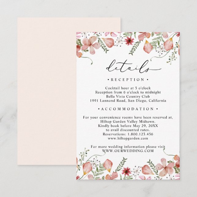 Elegante Peach Blumendetails Hochzeit Begleitkarte (Vorne/Hinten)