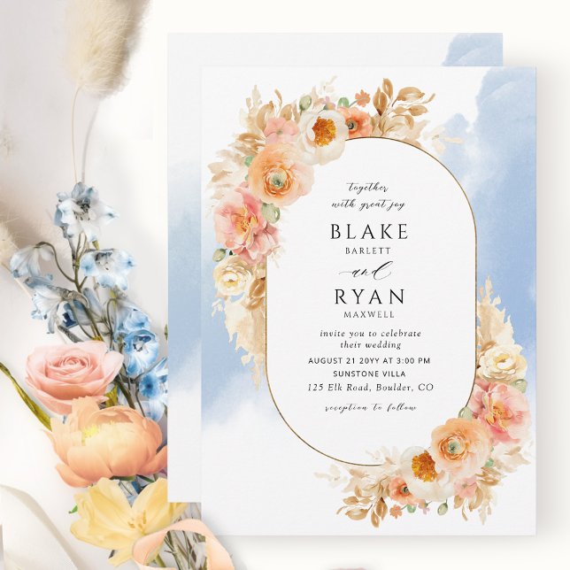 Elegante Peach Blush Cream and Blue Oval Wedding Einladung (Von Creator hochgeladen)