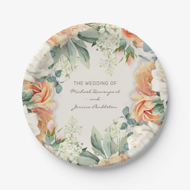 Elegante Peach Cream Floral Eukalyptus Wedding Pappteller (Vorderseite)