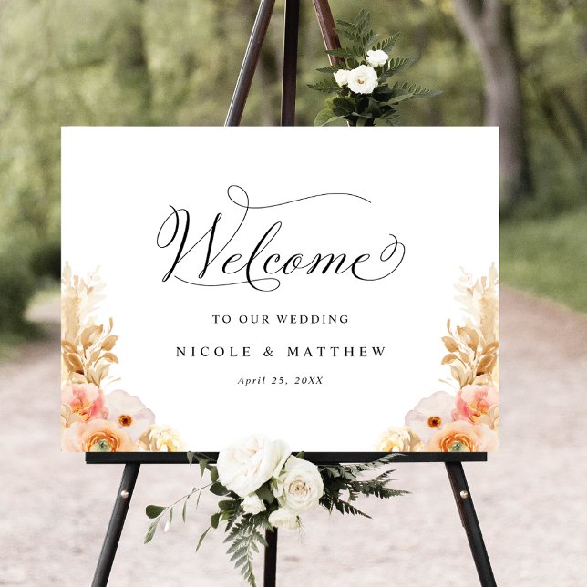 Elegante Peach Delight Floral Wedding Welcome Sign Poster (Von Creator hochgeladen)