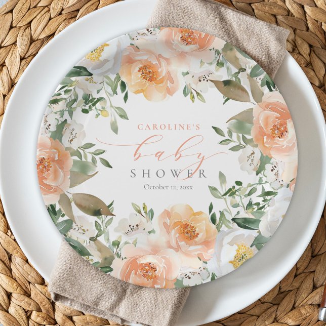 Elegante Peach Floral Baby Bloom Girl Babydusche Pappteller (Von Creator hochgeladen)