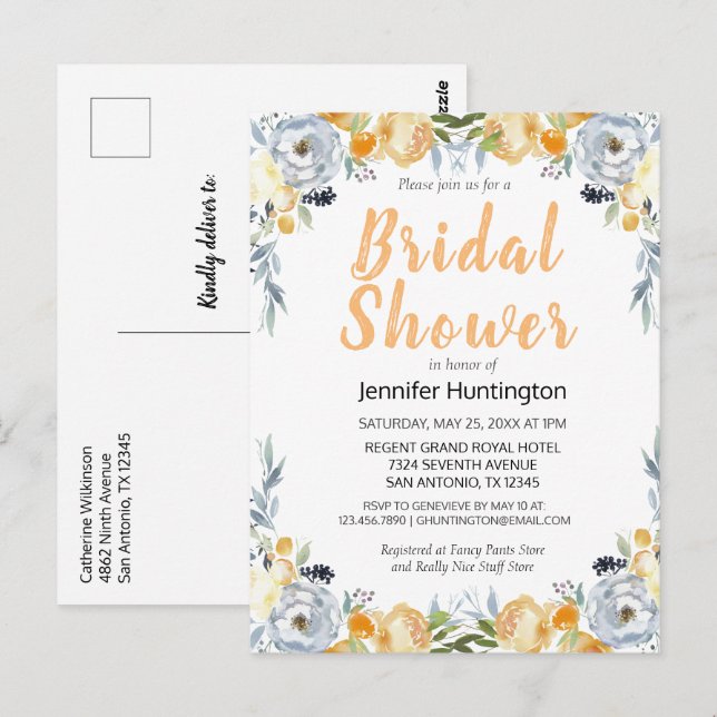 Elegante Peach Floral Bridal Dusche Einladung Postkarte (Vorne/Hinten)
