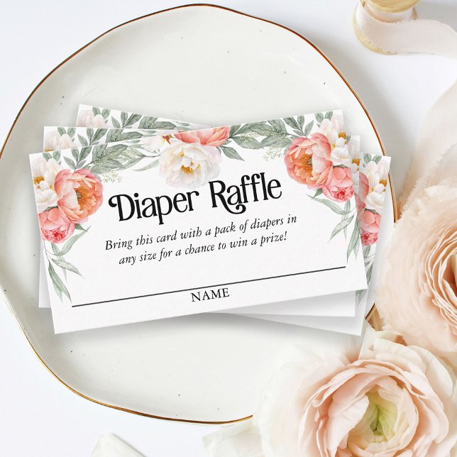 Elegante Peach Floral Diaper Raffle Skripttext Begleitkarte (Von Creator hochgeladen)
