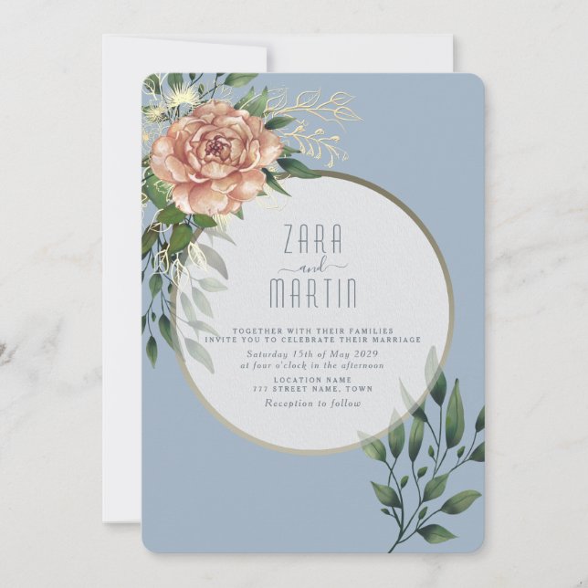 Elegante Peach floral Dusty Blue Wedding Einladung (Vorderseite)