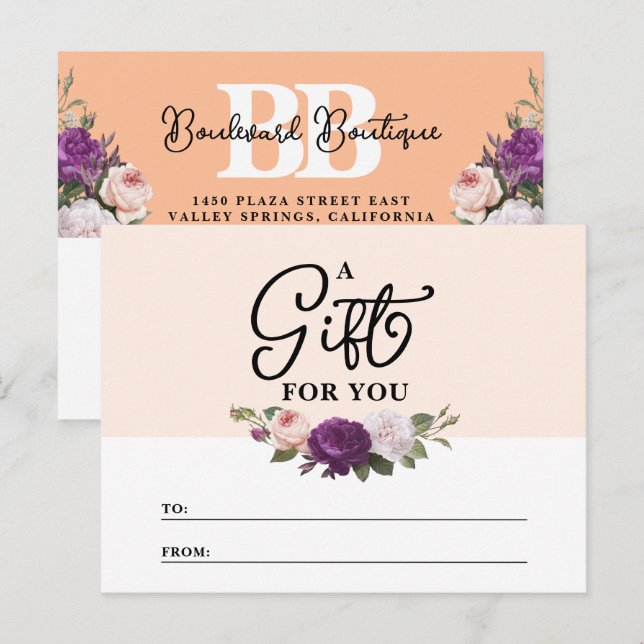 Elegante Peach Floral Shop Geschenkgutschein Postkarte (Vorne/Hinten)