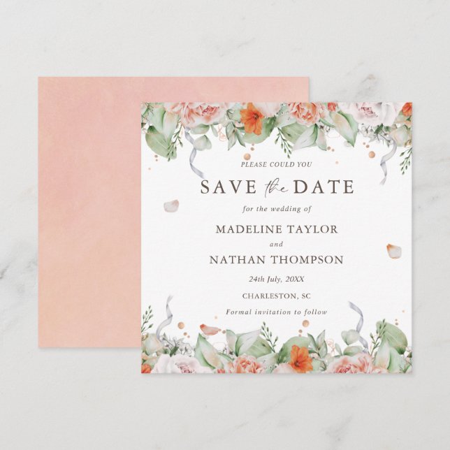 Elegante Peach Floral Wasserfarbe Save the Date (Vorne/Hinten)