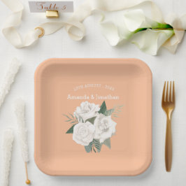 Elegante Peach Fuzz und White Roses Wedding Pappteller