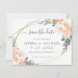 Elegante Peach Gold Floral Dusty Blue Save the Dat Ankündigung