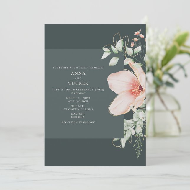 Elegante Peach & Gold Floral Emerald Wedding Einladung (Stehend Vorderseite)