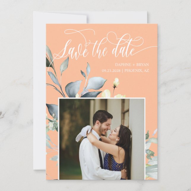 Elegante Peach Green Blätter QR Code Foto Hochzeit Save The Date (Vorderseite)