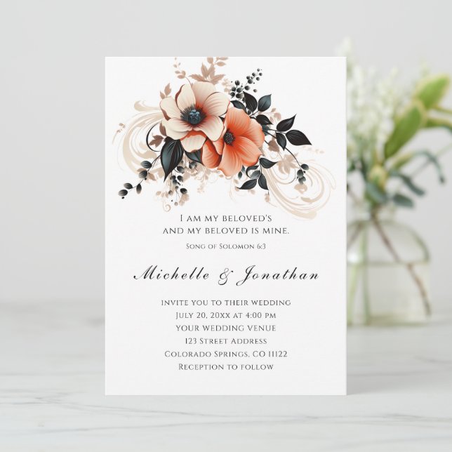 Elegante Peach Grey Floral Bible Christliche Hochz Einladung (Stehend Vorderseite)
