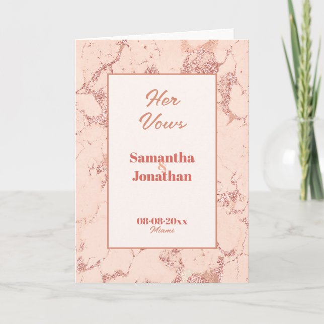 Elegante Peach Marmor Hochzeit ihrer Vows Card Dankeskarte (Vorderseite)