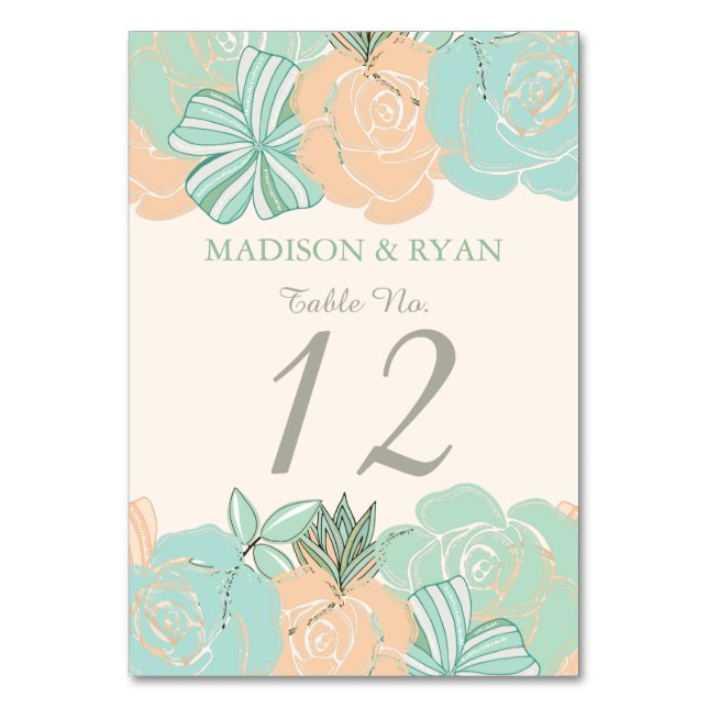 Elegante Peach Mint Floral Custom Wedding Tischnummer (Vorderseite)