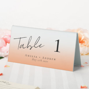 Elegante Peach Orange Fuzz Wedding Tischnummer Tischaufsteller