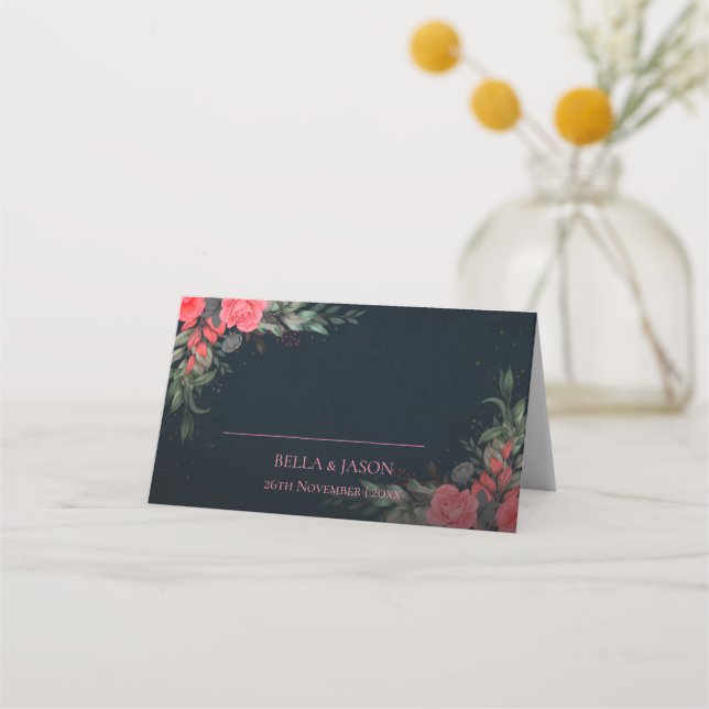Elegante Peach Orange Gray Floral Wedding Party Platzkarte (Vorderseite)