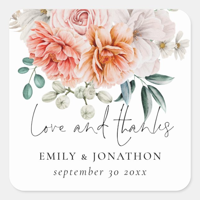 Elegante Peach Peonies Florals Liebe und Dank Quadratischer Aufkleber (Vorderseite)
