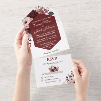 Elegante Peach Pink Burgundy Blumenhochzeit All In One Einladung