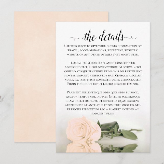 Elegante Peach Romantische Rose Hochzeiten Details Begleitkarte (Vorne/Hinten)