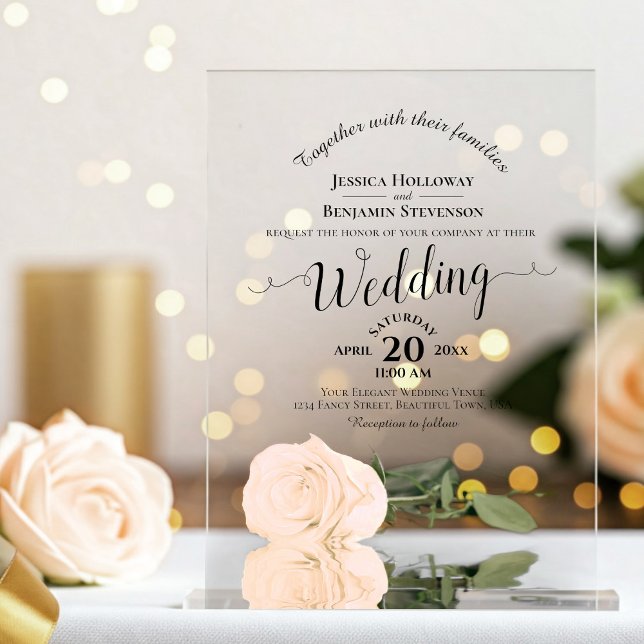 Elegante Peach Rose Lacy Calligraphy Wedding Acryleinladungen (Clear Acrylic with Rectangle Cut)