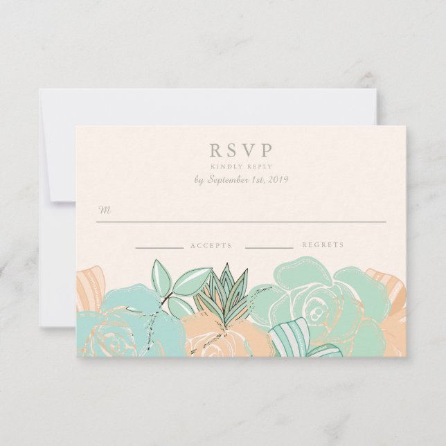 Elegante Peach Rose Mint Floral Wedding RSVP Karte (Vorderseite)