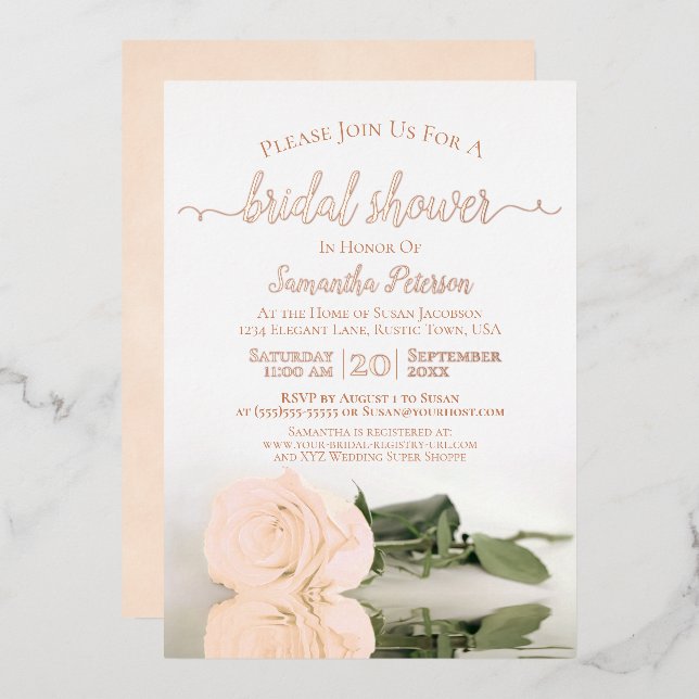 Elegante Peach Rose mit Rose Gold Brautparty Folieneinladung (Vorderseite/Rückseite)
