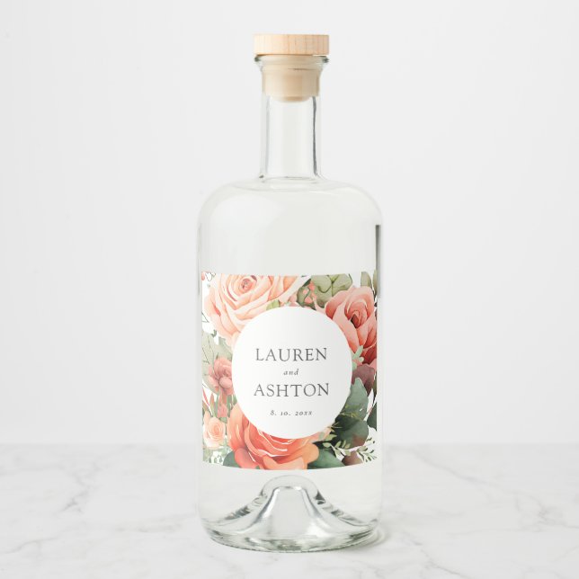 Elegante Peach Rose Personalisiert Wedding Alkoholflaschenetikett (Vorderseite)